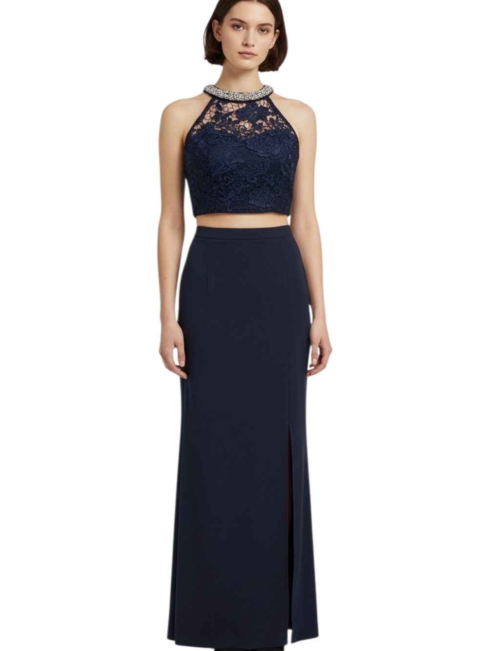 My Michelle Navy Blue Lace Halter 2 Pc Formal Dress Junior 1 XS Bridesmaid Prom